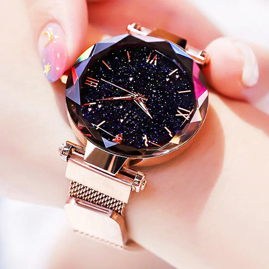 Reloj de mujer estilo cielo estrellado, moda brillante con esfera de diamante