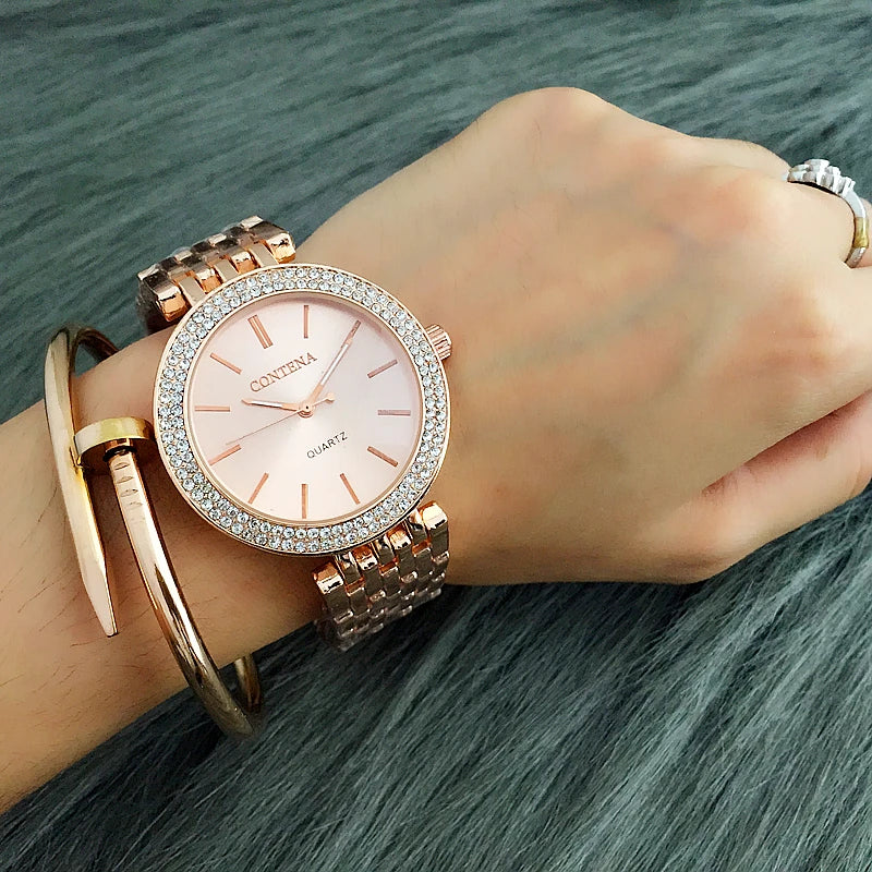 Reloj CONTENA para mujer, reloj de lujo de plata con cristales
