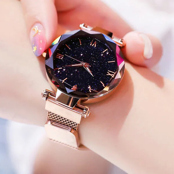 Reloj de mujer estilo cielo estrellado, moda brillante con esfera de diamante