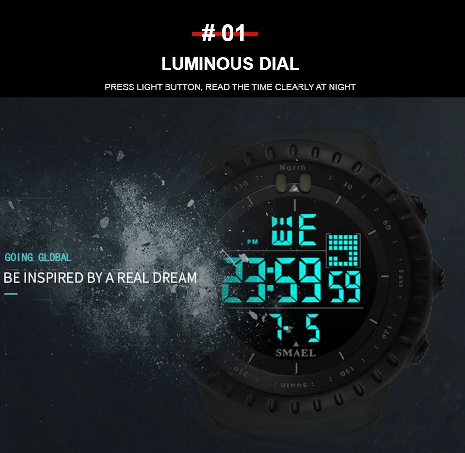 Reloj deportivo digital para hombre 50M – Táctico militar LED, resistente al agua